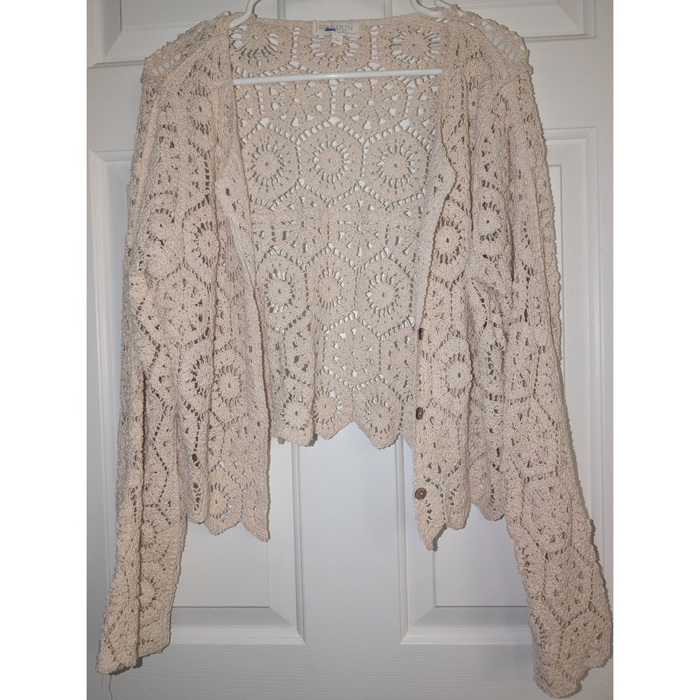 Rebellion Cream Cotton Crochet Cardigan Scalloped Boho Cottagecore Sweater L